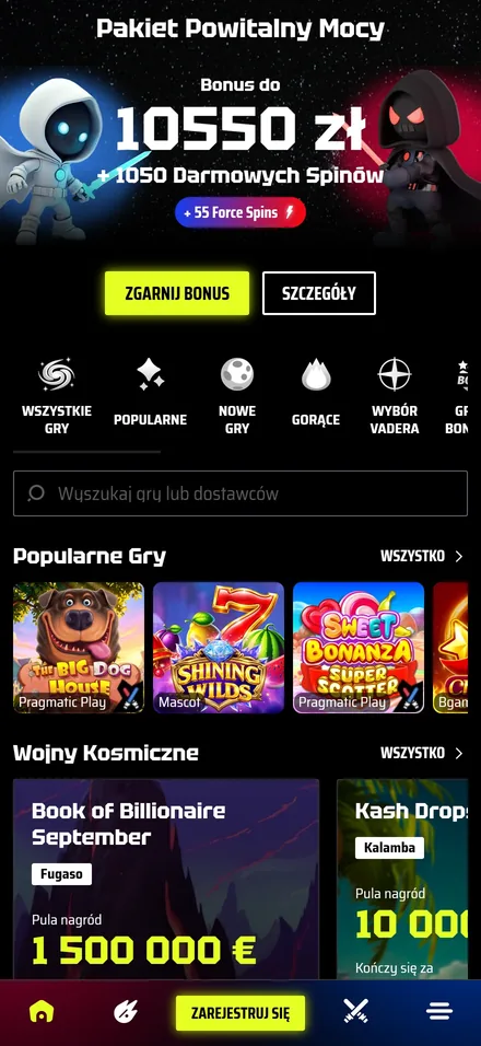 Polskie lobby kasyna SlotsVader: baner Pakietu Powitalnego Mocy, kategorie gier i półka Wojny Kosmiczne