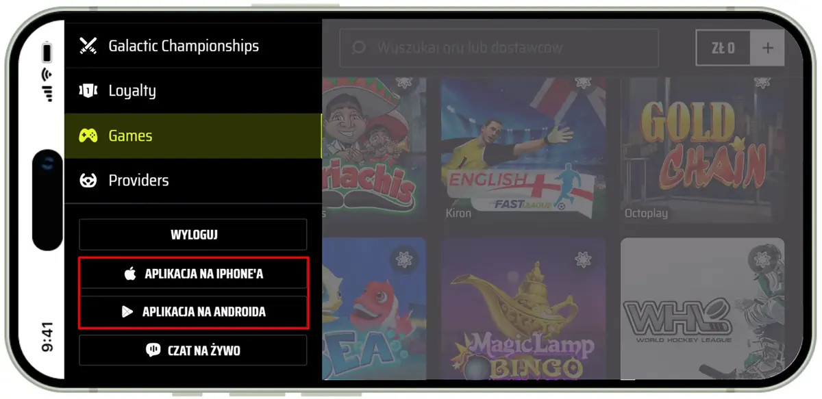 Menu kasyna SlotsVader z opcjami skrótu na Androida i iPhone'a